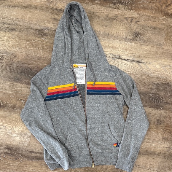 Aviator Nation Tops - Aviator Nation, Gray Zip-Up Hoodie with Striped Detail